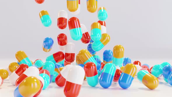 3d different color medical pills, Colorful capsules, painkillers, antibiotics, alt