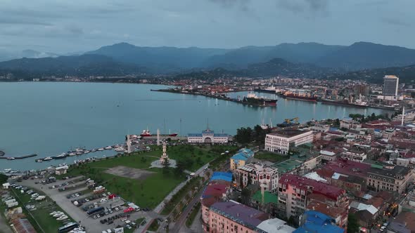 Aerial view of beautiful Batumi coastline. Black Sea touristic dock, Batumi port, harbor and bay. alt