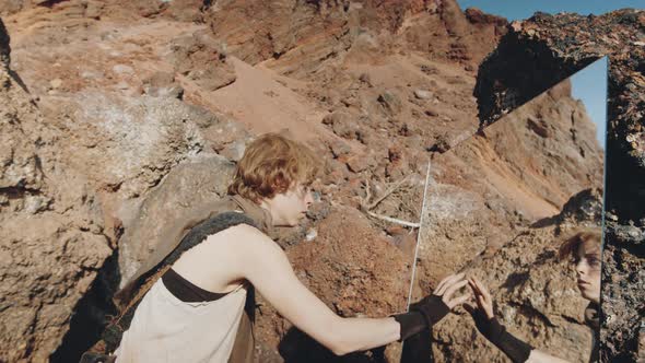 Young Woman Looking in Mirror in Post Apocalypses alt