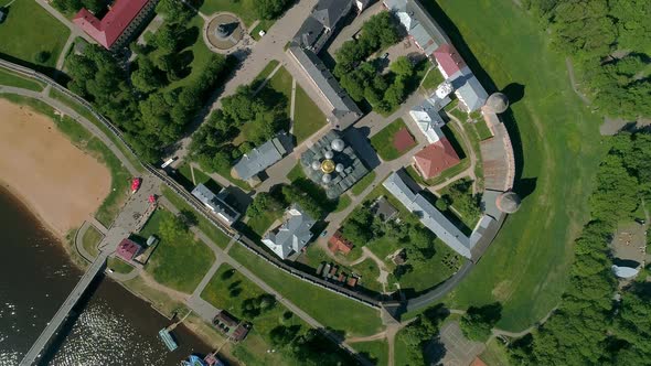Panoramic aerial view of Veliky Novgorod, the red brick Kremlin alt