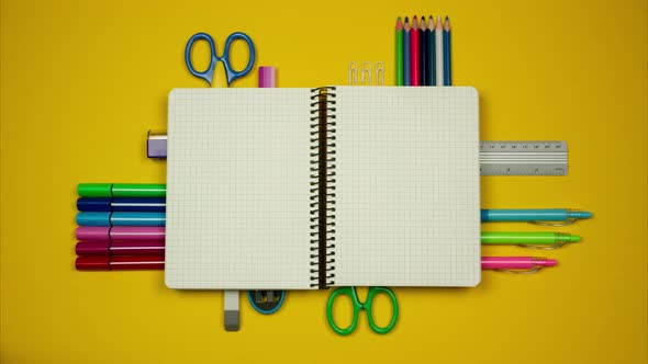 Blank Notebook with Colorful Pencils, Pens, Scissors Around. Education Background. Stop Motion alt