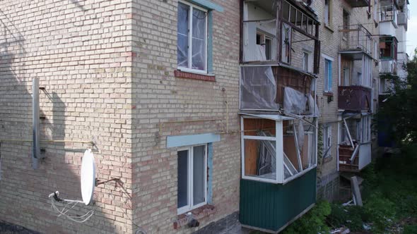 Aerial View of a Destroyed Building in the City of Makariv Ukraine alt