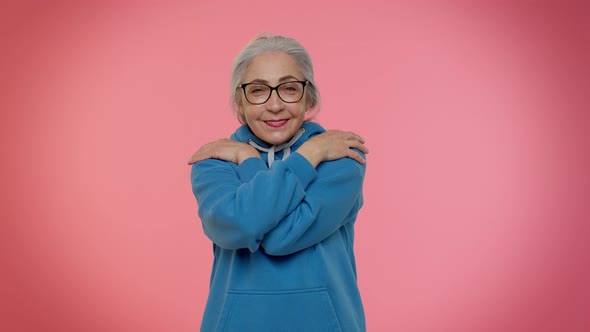 Mature Old Granny Grandmother Spread Hands and Give Hug to you Pleasant Expression Love Feelings alt