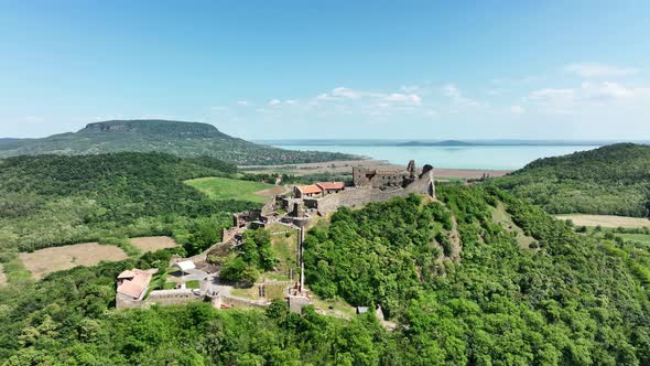 Aerial view of Szigliget castle in Hungary