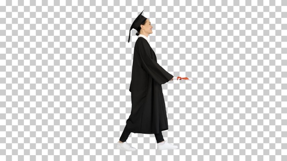 Smiling female student in graduation robe, Alpha Channel alt