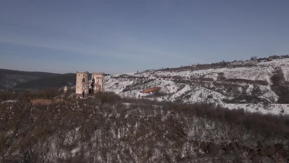 Ruins of Medieval Castle with Two Towers Aerial Drone View