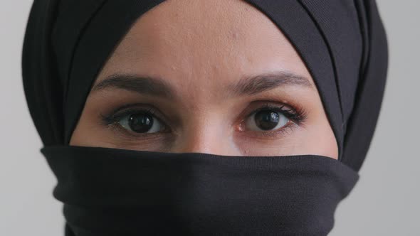 Macro Shot Female Gaze Arabic Woman Girl Blinking Brown Eyes Looking at ...