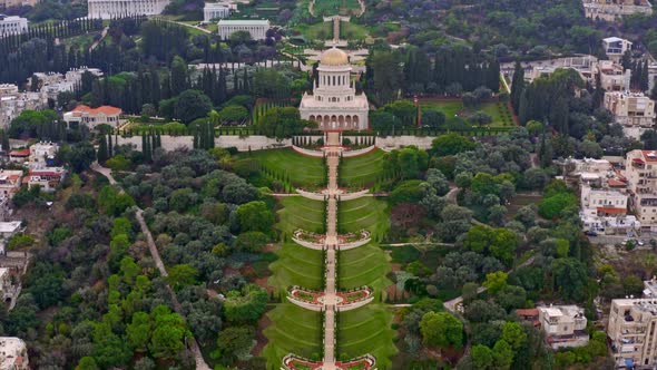 Bahai temple and gardens in Haifa, Israel, 4k aerial drone view alt