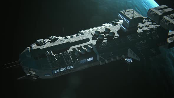 Futuristic concept of small spaceships approaching huge space shuttle. alt