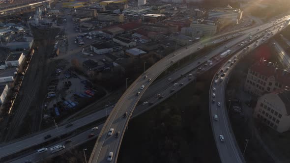 Aerial View of Elevated Highway Traffic at Sunset