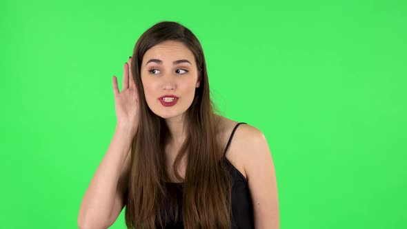 Woman Holding Hand Near Ear Trying To Listen Interesting News Expressing Communication Concept and alt