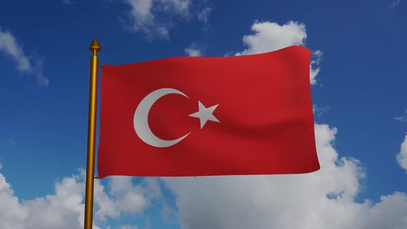 National flag of Turkey waving with flagpole and blue sky timelapse, Turkish alt