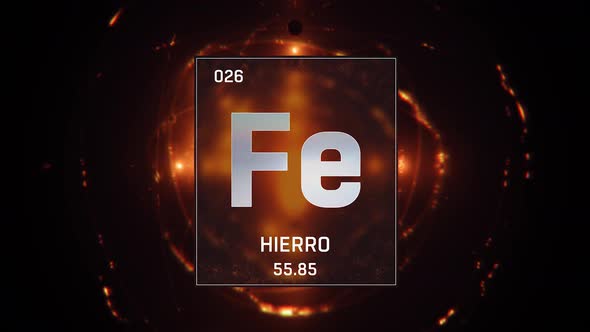 Iron as Element 26 of the Periodic Table on Orange Background in Spanish Language