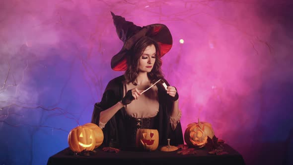 Beautiful witch lights pumpkin for halloween. Halloween!  4K.
