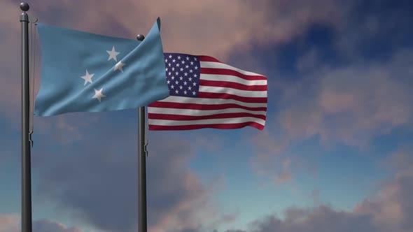 Micronesia Flag Waving Along With The National Flag Of The USA - 4K alt