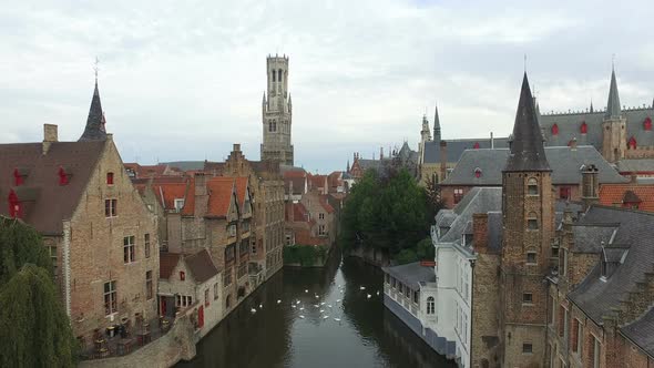 Aerial view of the Belfry of Bruges and Dijver Canal