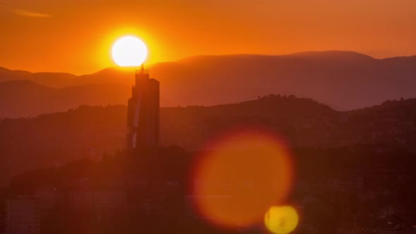 Sunset view of Sarajevo from most popular panoramic spot in Sarajevo timelapse. alt