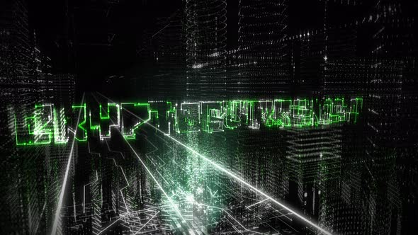 A hologram of the word Cryptocurrency with white and green edges is projected. alt