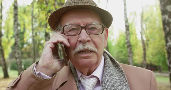 Portrait of Elegant Senior Man Talking on Phone and Rejoicing at Camera in Park alt