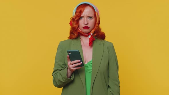 Displeased Woman Use Smartphone Loses Becoming Surprised By Lottery Results Bad Fortune News Loss alt