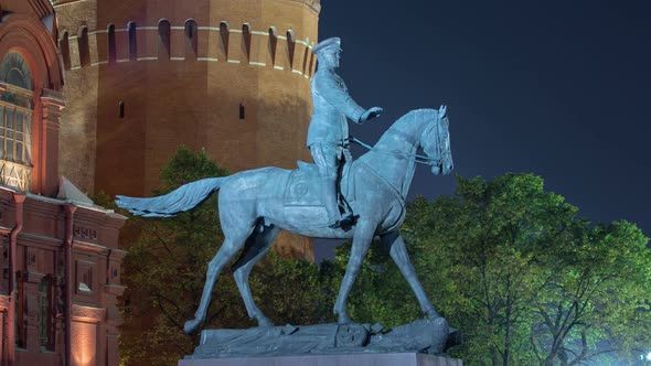 The Monument To Marshal Zhukov Near the Historical Museum at Night Timelapse Hyperlapse. Moscow alt