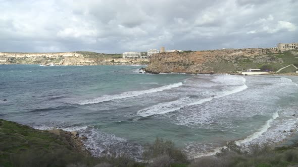 Panoramic Shot of Ghajn Tuffieha Bay with Strong Wind Blowing Over Mediterranean Sea