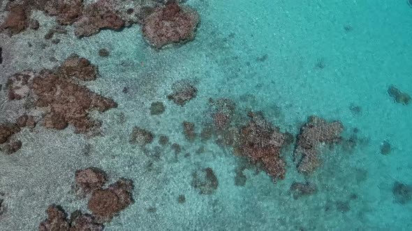 Aerial, drone shot of the shallow, clear water and coral reef of the lagoon of the atoll of Fakarava alt