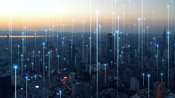 smart Connected city skyline. Futuristic network concept, city Technology. alt