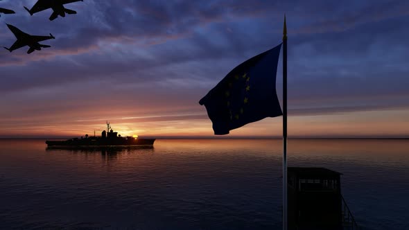 Waving European Union Flag Warship and Passing Warplanes alt