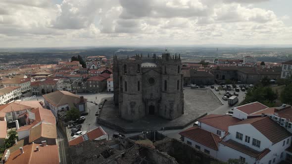 Drone view of the stately Guarda Cathedral in Portugal, Europe