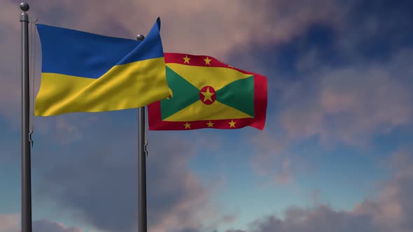 Grenada Flag Waving Along With The National Flag Of The Ukraine - 2K alt