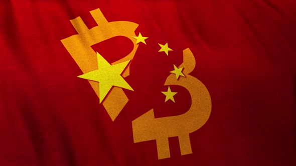 Looped Chinese Flag with Bitcoin Symbol Depicting Ban of Cryptomining and Cryptocurrency in China