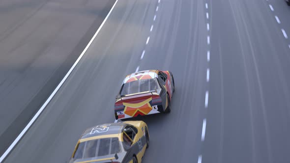Car race. High angle camera zooming in and passing through one of the cars. alt