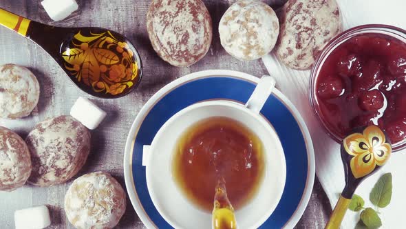 Slow Motion Traditional Russian Tea Party with Pastries Top View