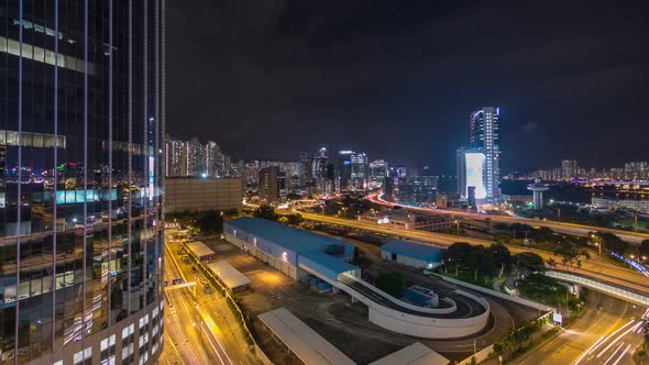 Top View of Busy Traffic Night in Finance Urban Timelapse Hyperlapse with Panorama of City Buildings alt