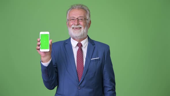 Handsome Senior Bearded Businessman Against Green Background alt