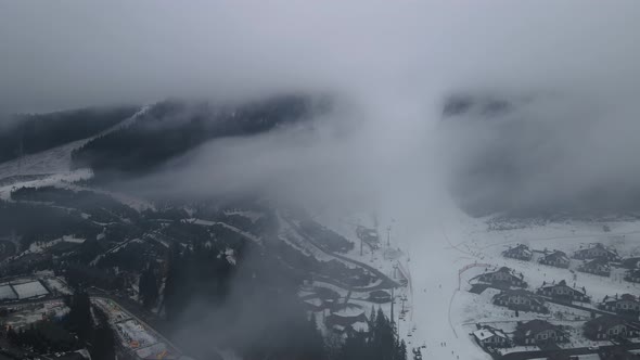 Bukovel Carpathians, Ski Slope With Fog From A Bird's Eye View alt