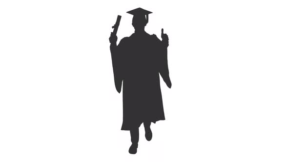 Black And White Silhouette Of Graduate In Gown Rejoices While Walking