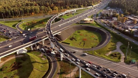 Aerial View of a Freeway Intersection Traffic Trails in Moscow alt