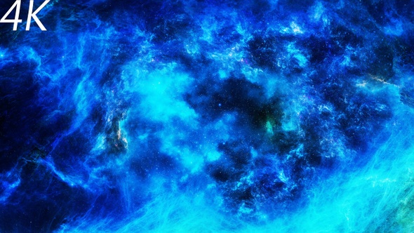Travel Through Colorful Blue Nebula in Deep Space