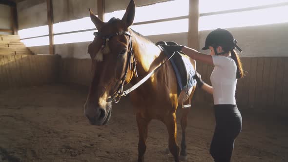 Young Woman Gets on a Horse and Riding a Horse in a Covered Hangar, Female Trains Riding on a Horse. alt
