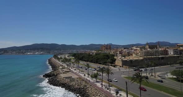 Aerial Footage of Historic City Center and Road Alond the Sea at Palma De Mallorca, Spain