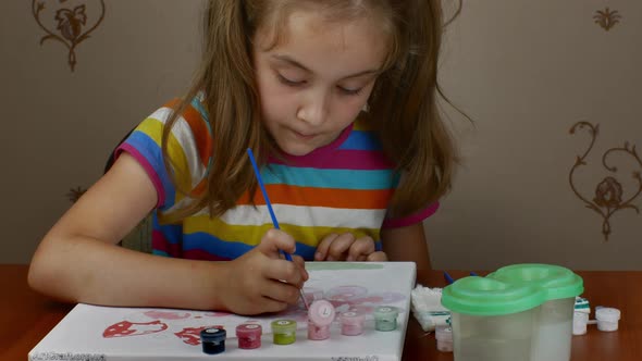 Closeup of a Girl Drawing with Colored Paints on Paper