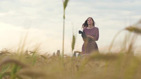 Beautiful Young Woman Walks in a Wheat Field alt
