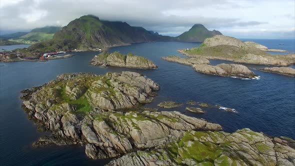 Rocky islands on Lofoten islands in Norway near Mortsund, aerial