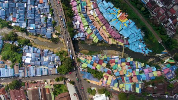Colourful suburb of Malang Jodipan village, East Java Indonesia, aerial top view alt