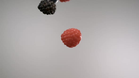 Black-red raspberries and blueberries flying through in front of the camera