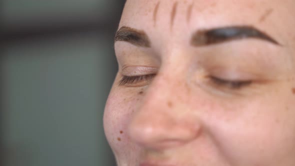 Closeup of Beautiful Female Eyebrows and Gloved Hands Apply Henna to Them with a Brush for Coloring alt