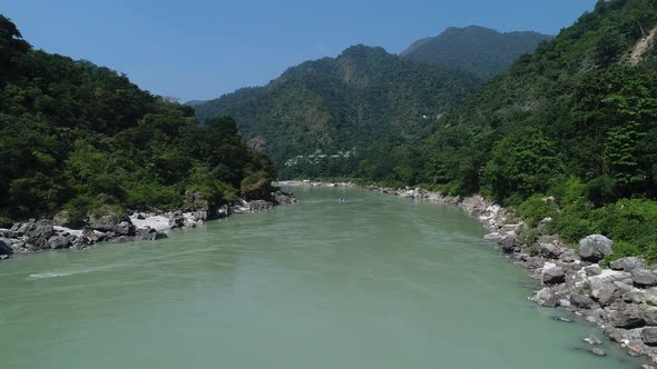 The Ganges river near Rishikesh state of Uttarakhand in India seen from the sky alt