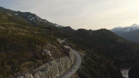 Aerial Drone View of Sea to Sky Highway During a Bright Winter Sunset alt